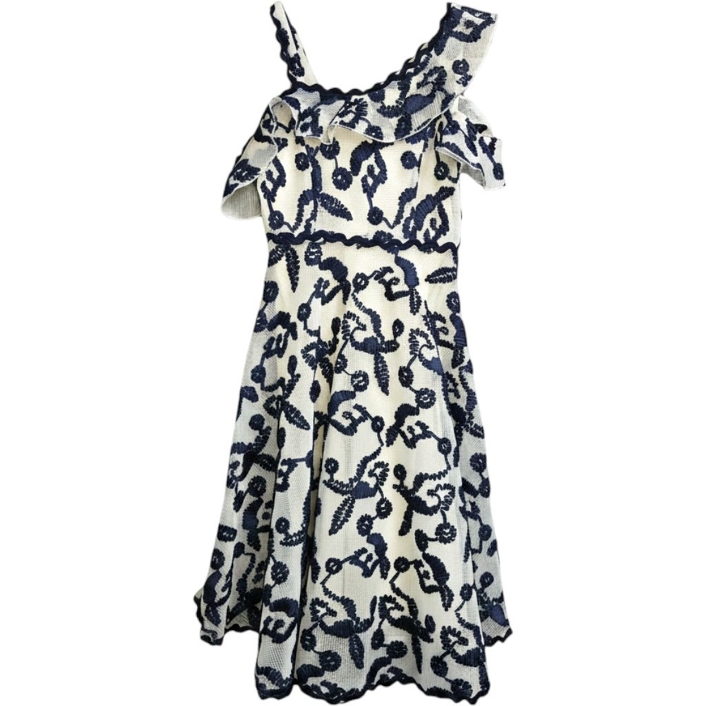 INA Paddington Station Cream Navy Floral Embroidered Cold Shoulder Midi Dress L